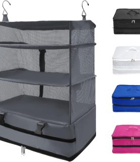 Twira Portable Hanging Travel Shelves, Suitcase Organizer, Packing Cubes for Travel, Carry-On Closet Insert, X-Large Capacity Travel Bags Collapsible 4-Shelf Travel Closet with 2 Hooks (Grey)
