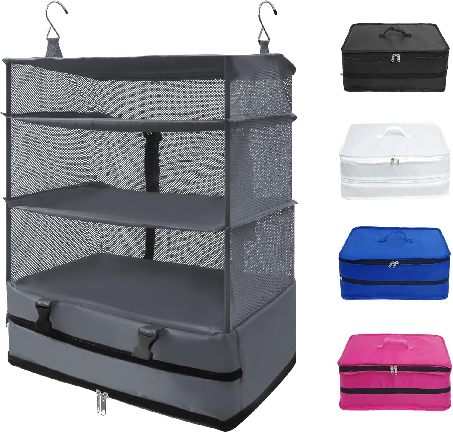 Twira Portable Hanging Travel Shelves, Suitcase Organizer, Packing Cubes for Travel, Carry-On Closet Insert, X-Large Capacity Travel Bags Collapsible 4-Shelf Travel Closet with 2 Hooks (Grey)